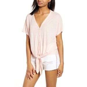 BP. Short Sleeve V-Neck Button Front Soft Knit Loose Top In Solid Pink Size S